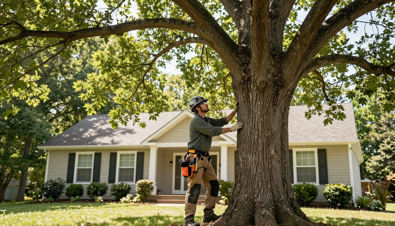Arborist planning safe tree removal beside a home