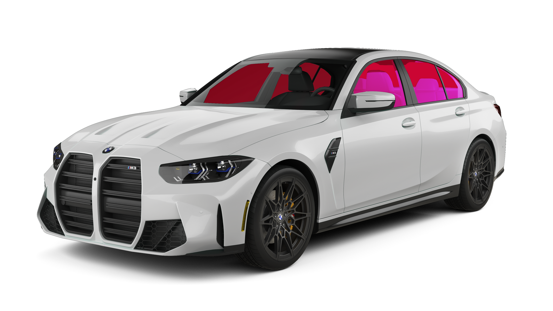 White sports sedan with black grille and pink-tinted windows on a white background