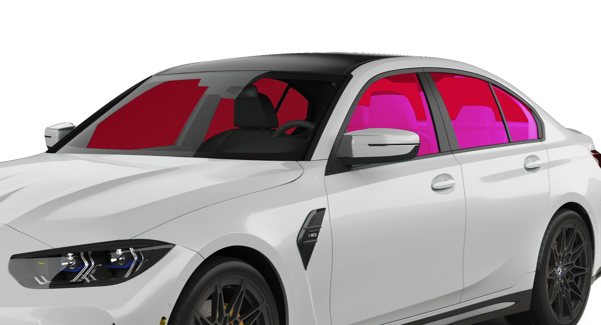 White sedan with black roof, red-tinted windows, and magenta interior on a plain background