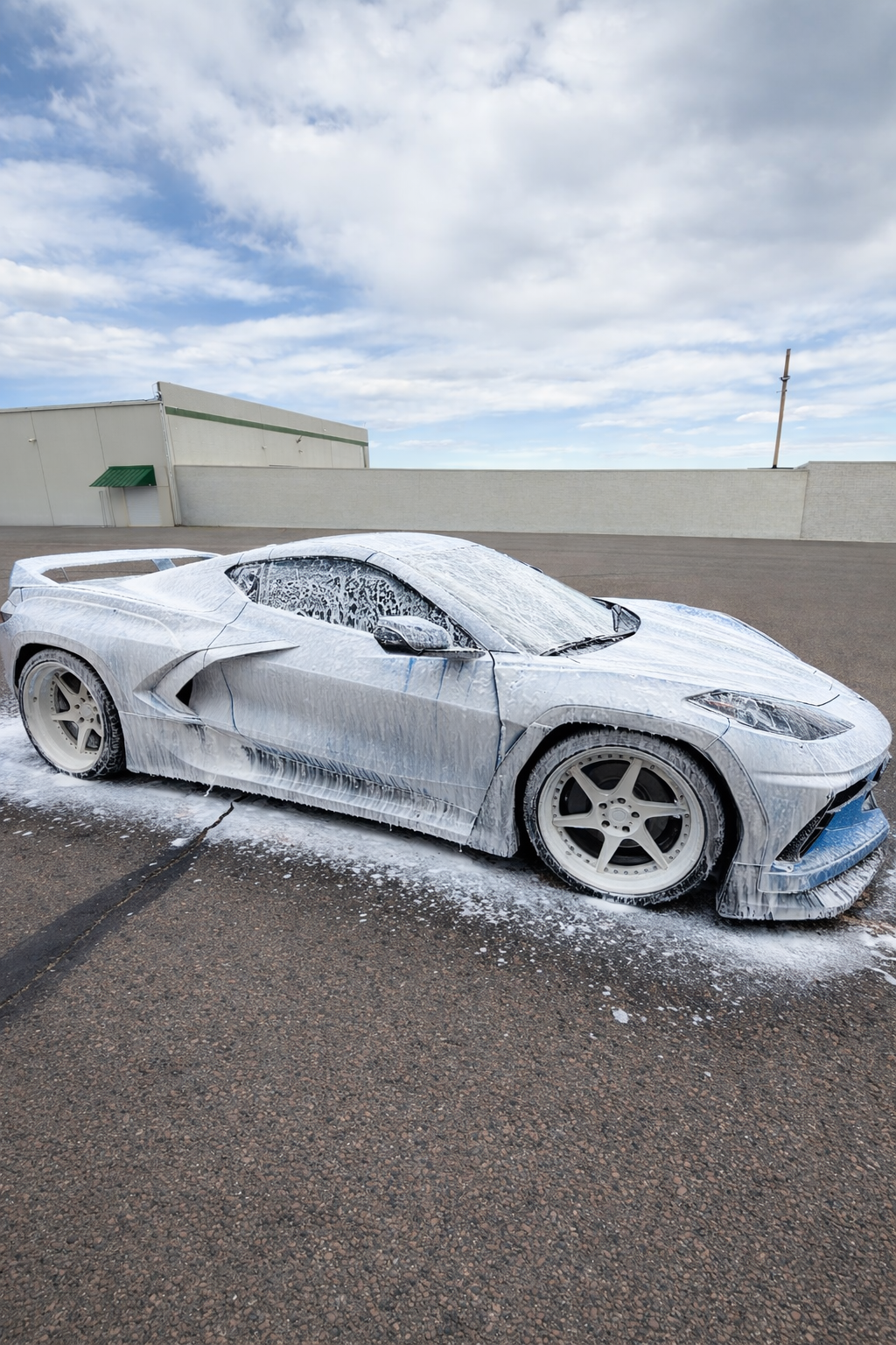 White sports car covered in foam on an asphalt lot under a cloudy sky