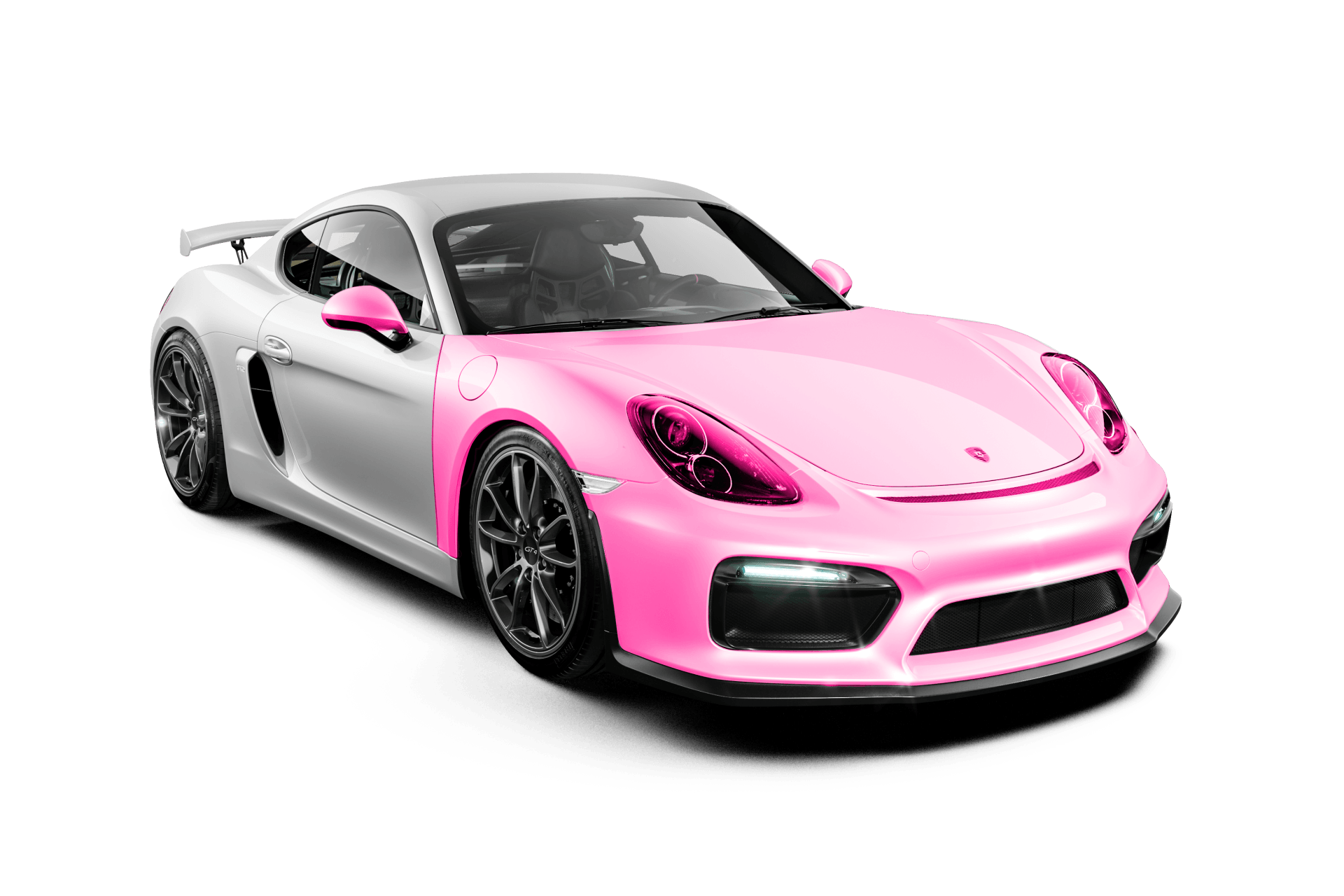Pink and silver sports car on a white background