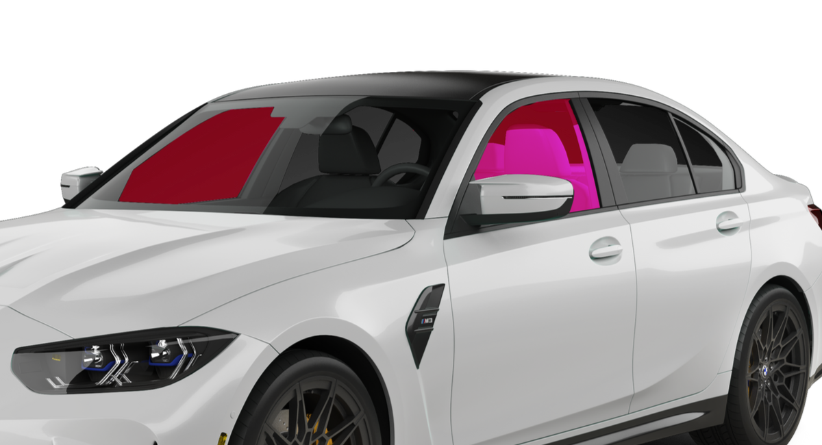 White sedan with tinted windows and dark wheels, shown in side view on a white background