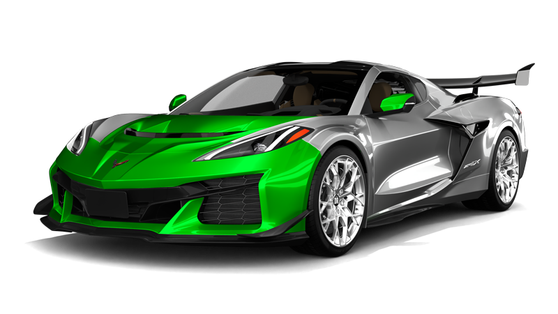 Green and silver sports car with a large rear wing on a white background