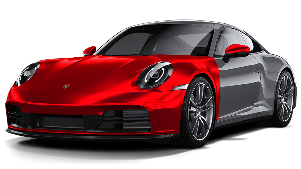 Red sports car with a silver rear quarter panel, shown on a white background.