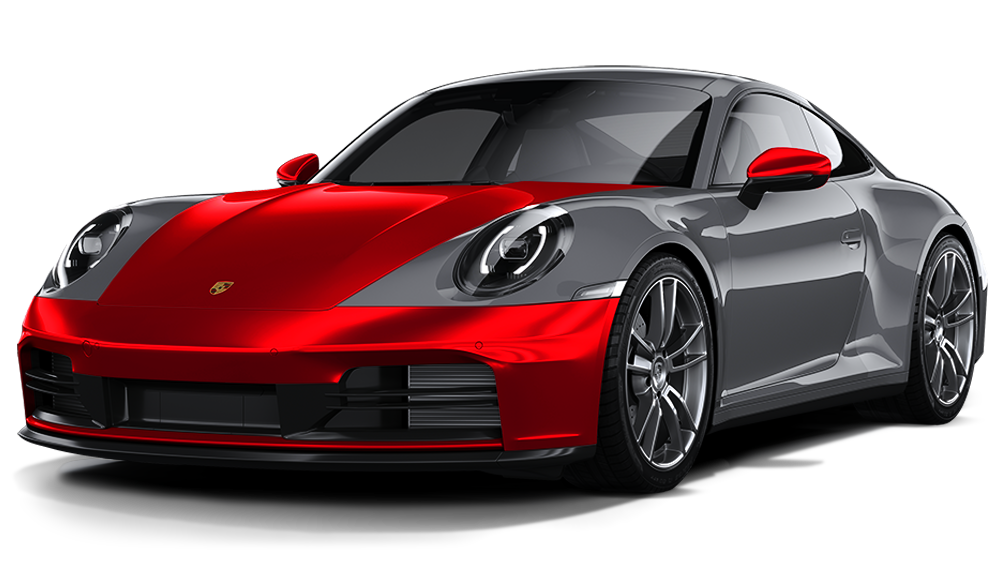 Red and black sports car on a white background, shown in front three-quarter view