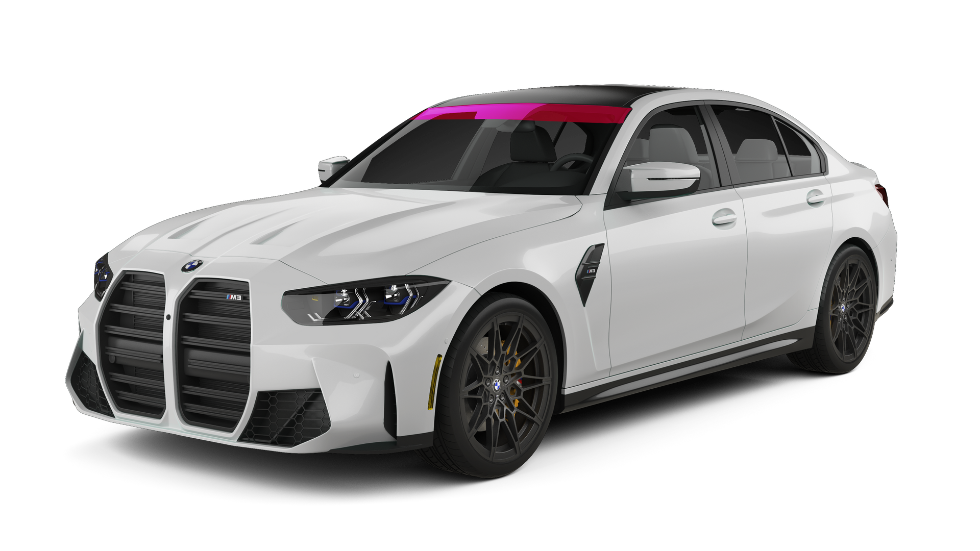 White BMW sedan with black racing stripes, shown in a front-left studio view.
