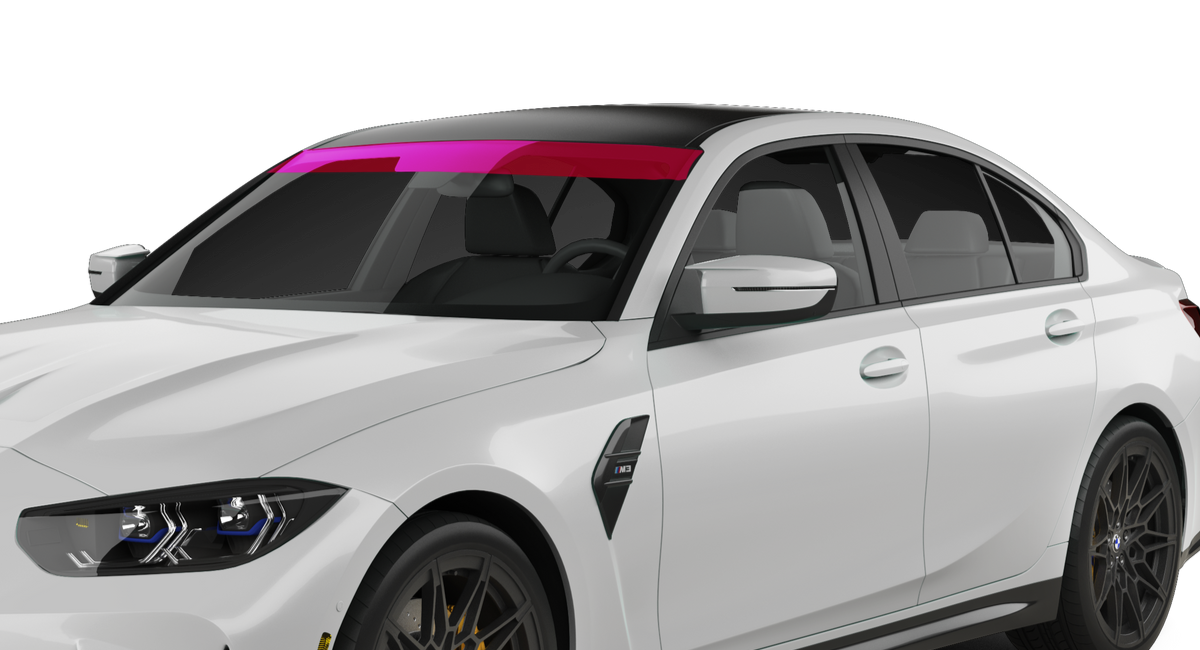 White sedan with tinted windows and bright pink windshield banner, shown in front three-quarter view