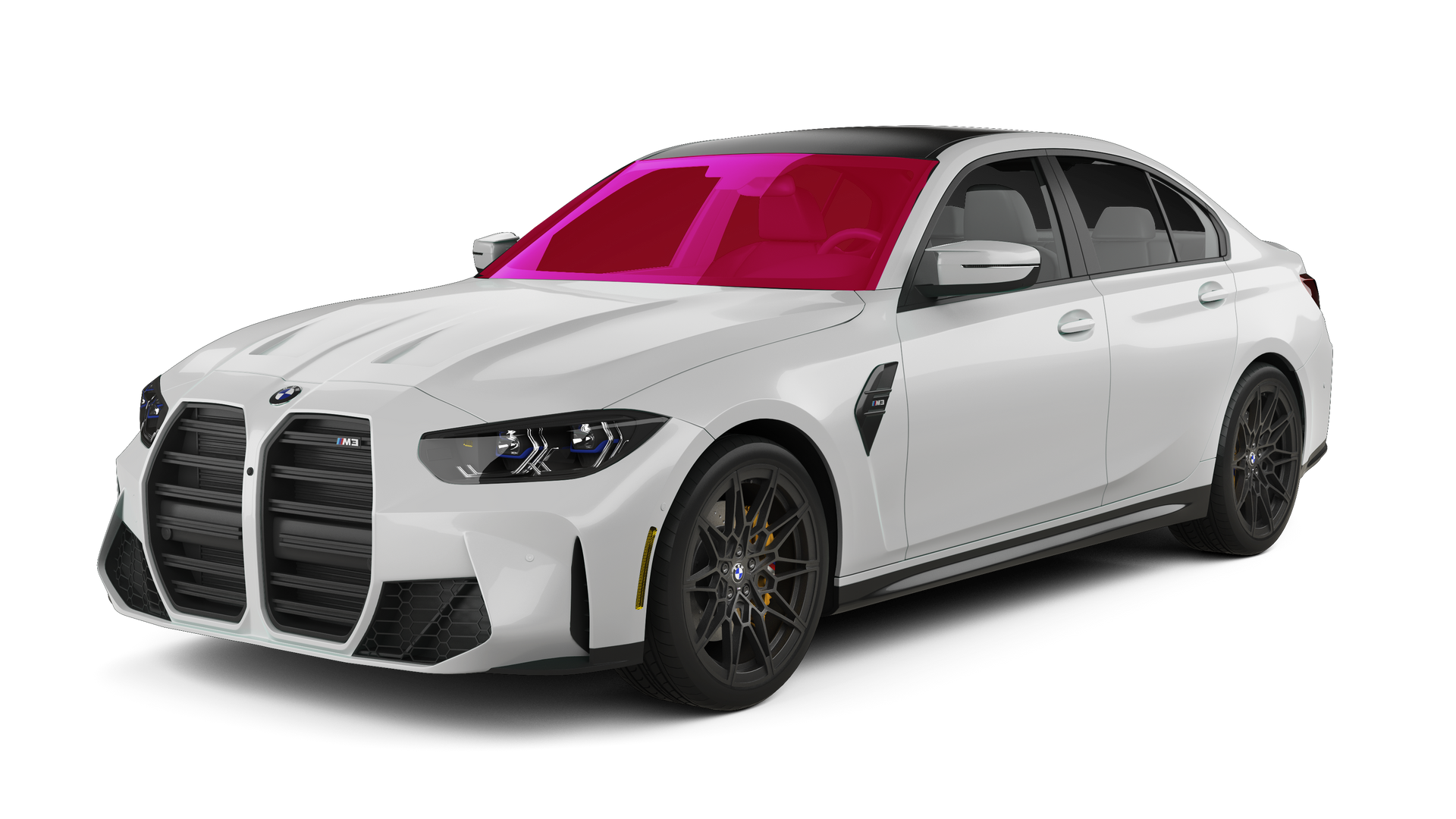 White BMW sedan with magenta-tinted windows on a white background