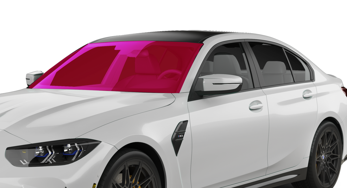 White sedan with a bright pink windshield and dark tinted windows on a plain background