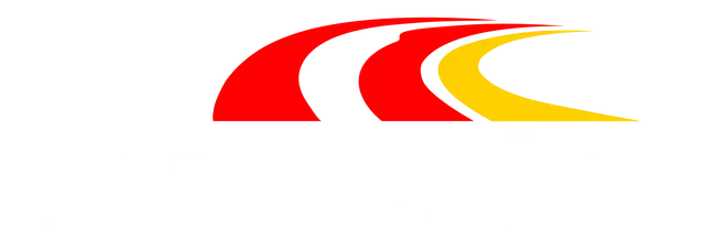 Red and yellow curved logo on a white background