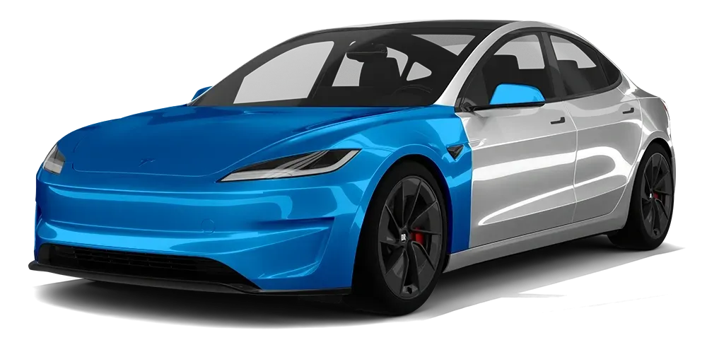 Blue and silver Tesla sedan on a white background