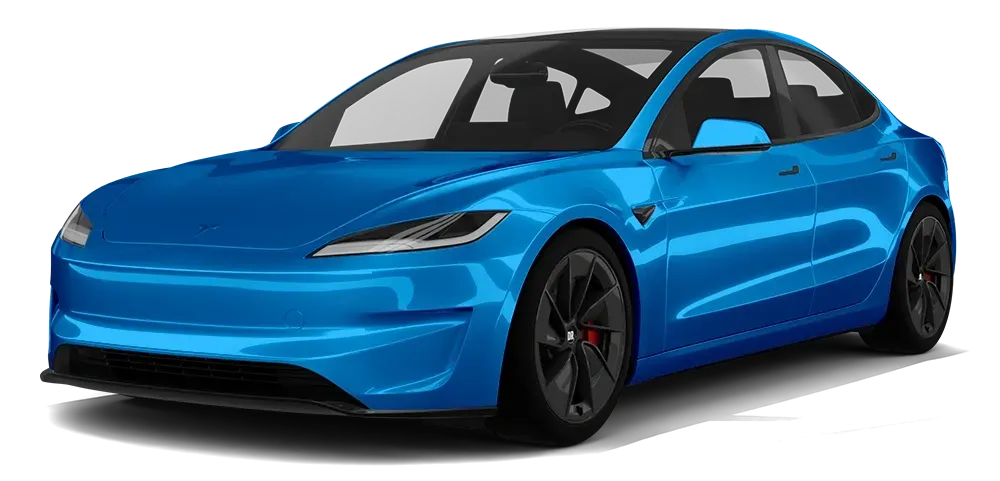 Blue electric sedan with black roof and wheels, shown on a white background