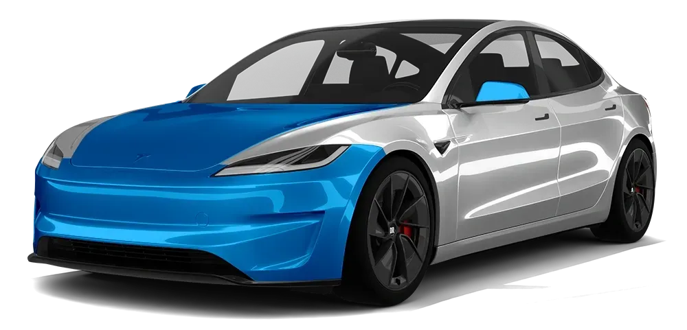 Blue and silver sleek electric sedan with black wheels, shown in a studio-style side view