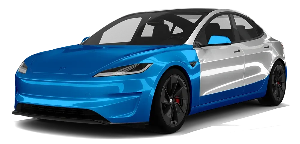 Blue and silver sports sedan in a studio-style side view