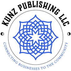 KUNZ PUBLISHING LLC logo blue geometric flower within a black and white circular frame.Connecting businesses to the community