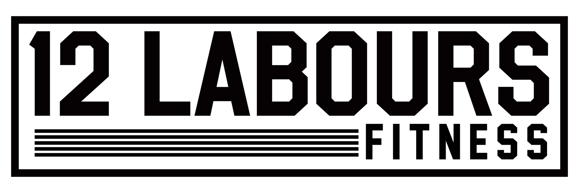 Logo for "12 Labours Fitness" in a black and white rectangular frame.