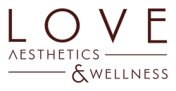 LOVE Aesthetics & Wellness logo in burgundy and gray