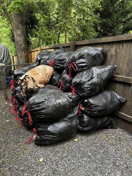 Bags of leaves and yard waste by a fence, yard cleanup services in Charlotte, NC