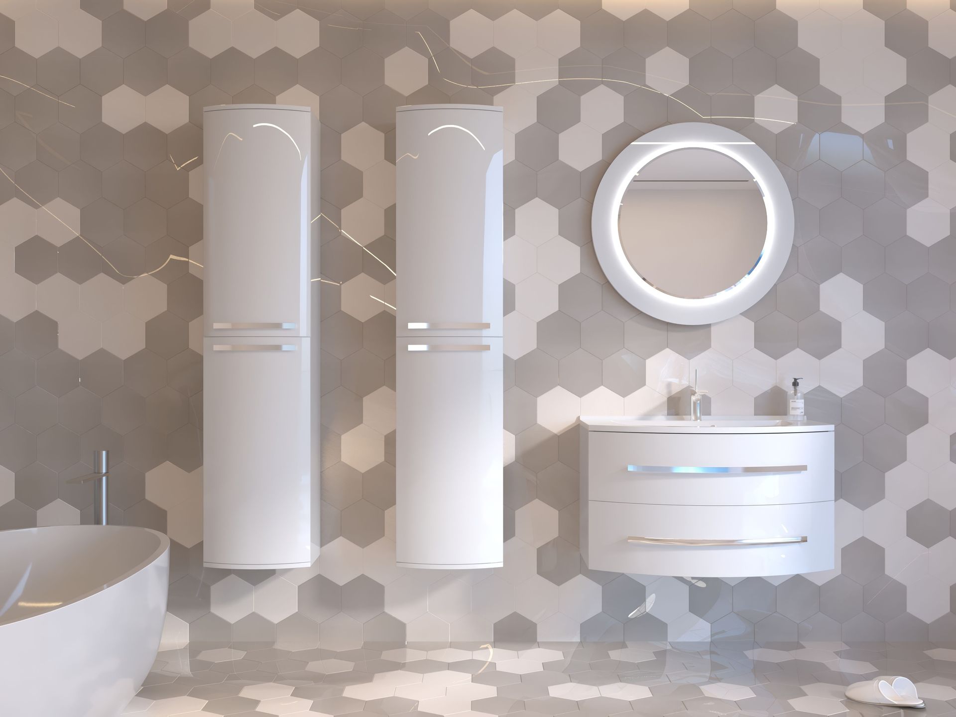 White bathroom fixtures and a tiled wall with a round mirror and wall-mounted dispenser.