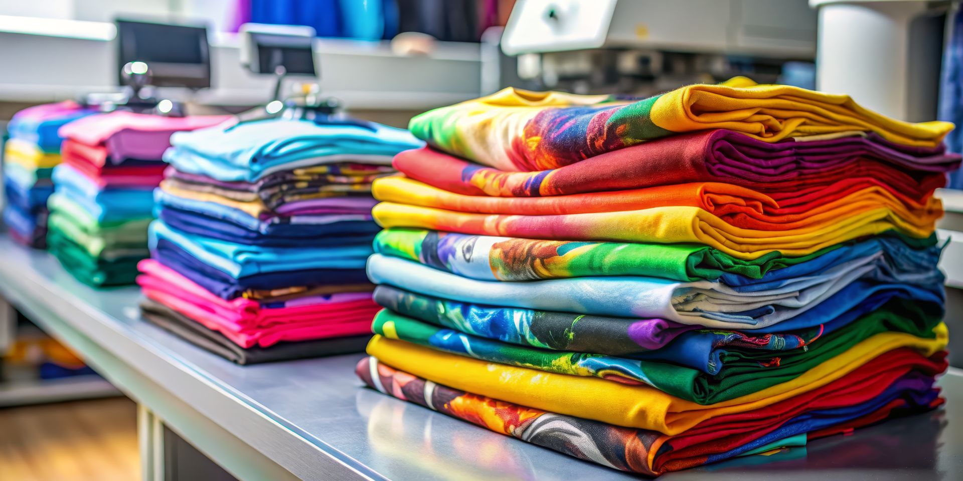 Stacks of brightly colored folded clothes displayed on a store table