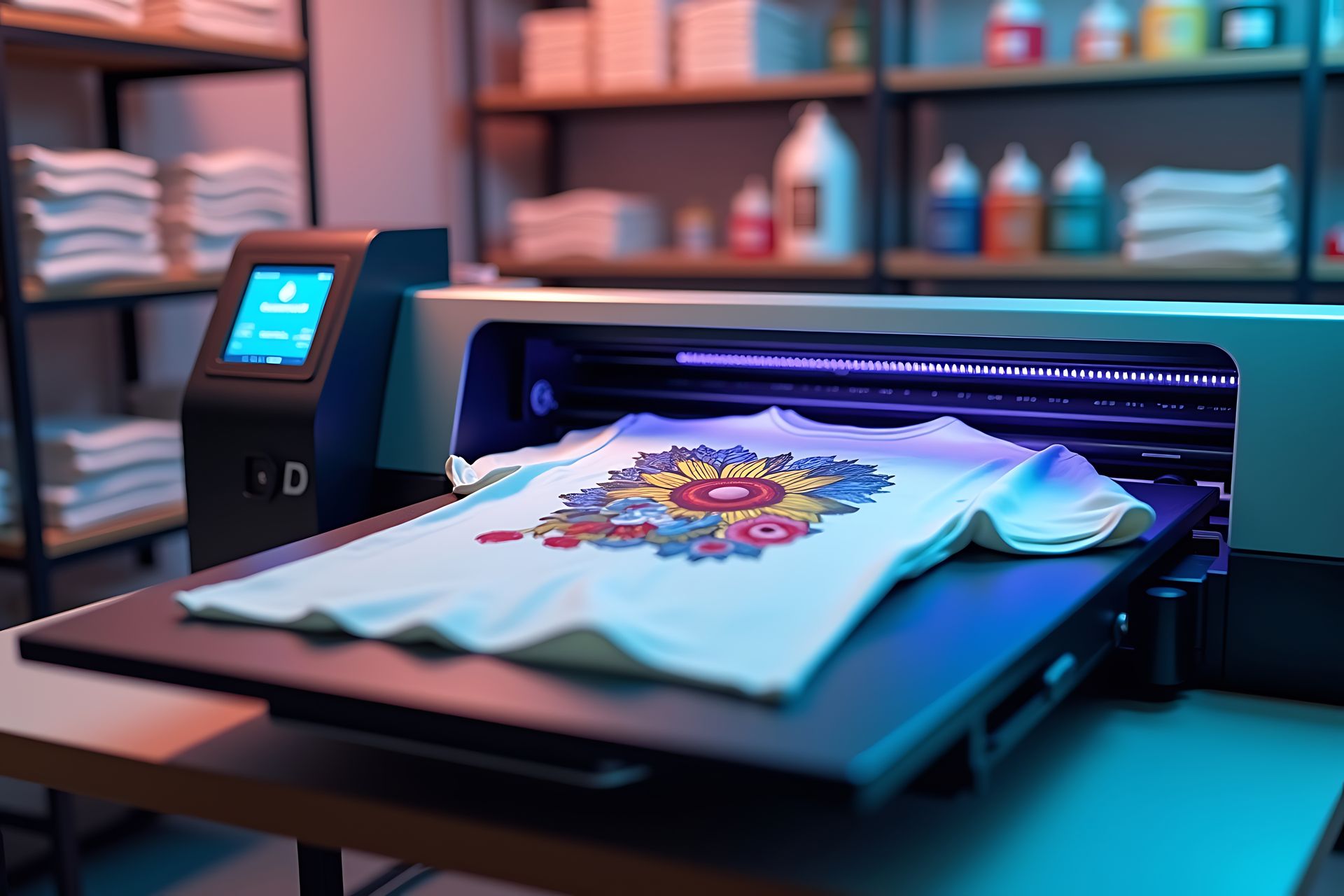 T-shirt being printed on a heat press in a colorful print shop