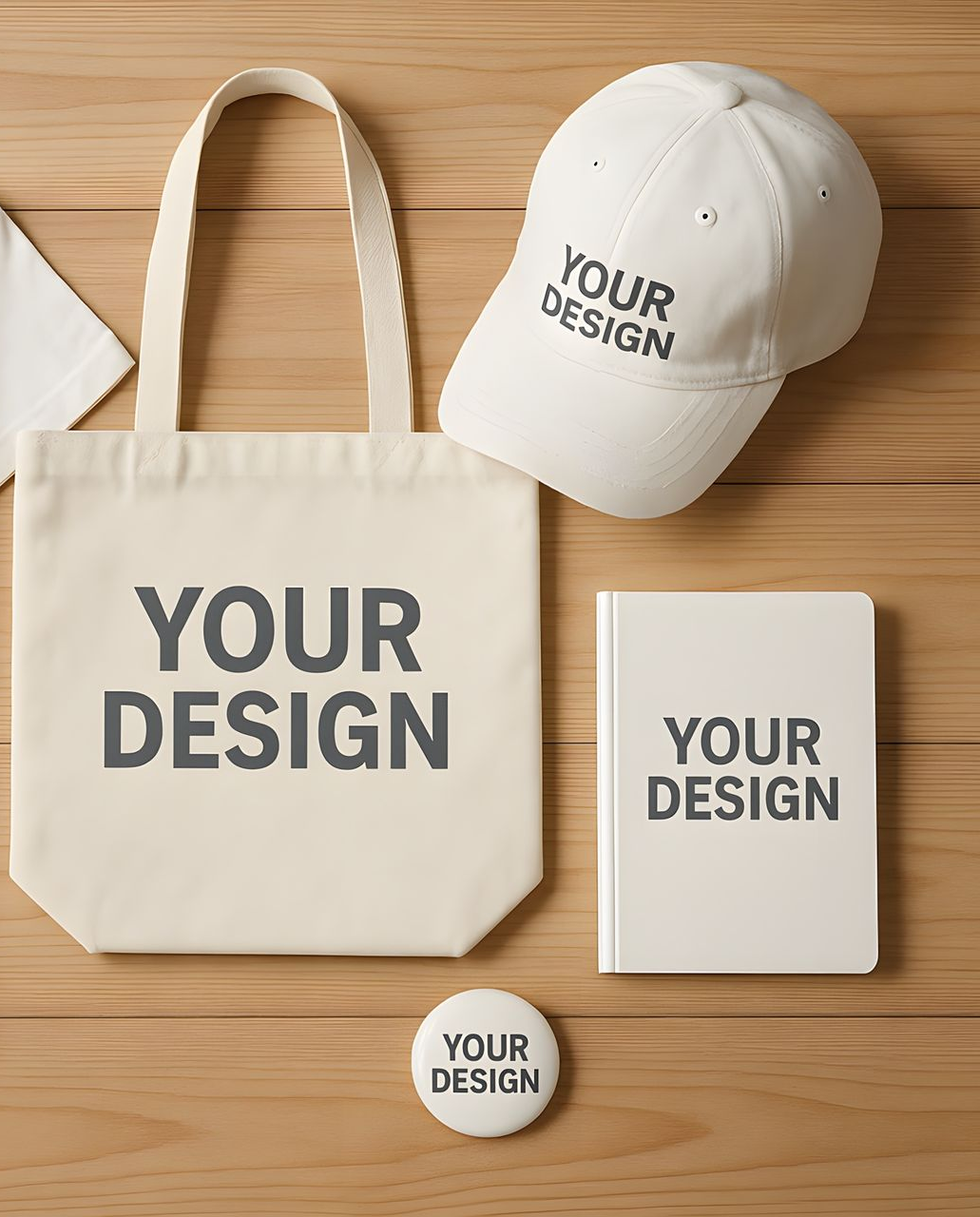 Branded canvas tote, cap, notebook, and button with “YOUR DESIGN” on a wooden table.