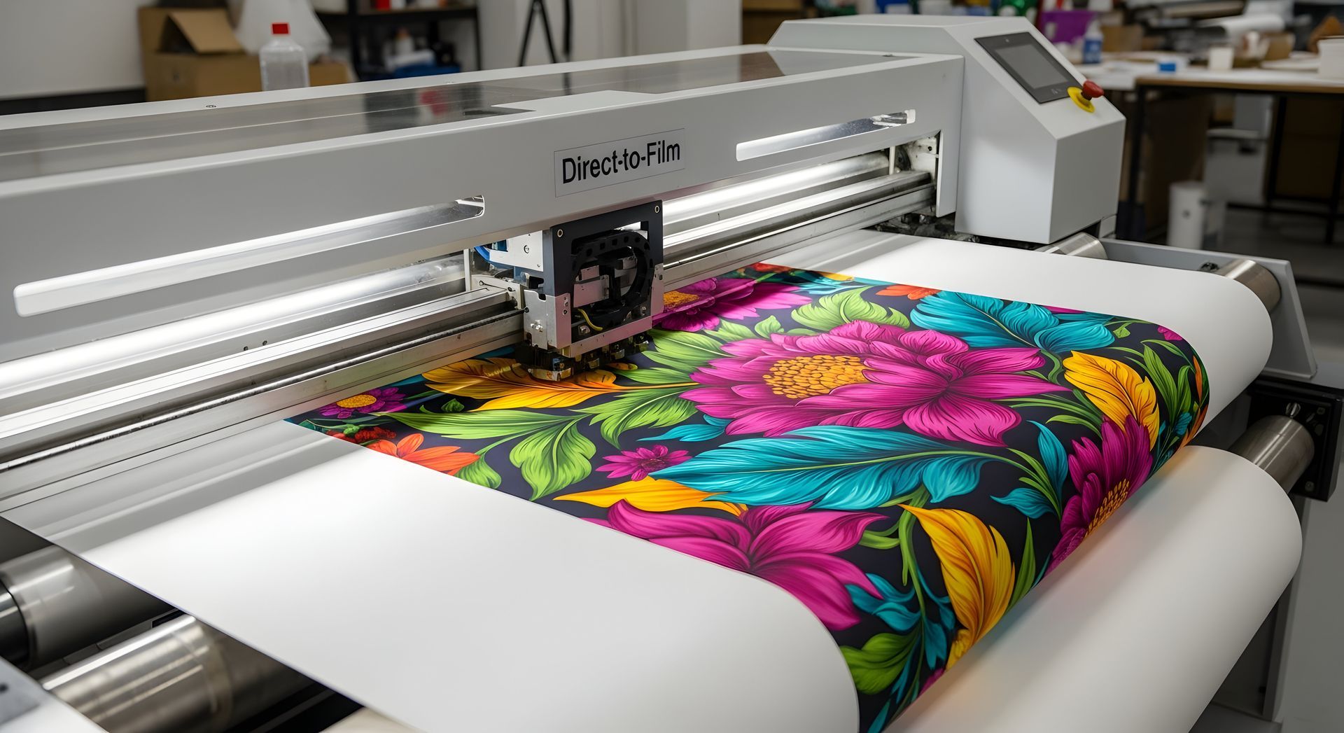 Large-format printer printing a vivid floral design on a roll of fabric