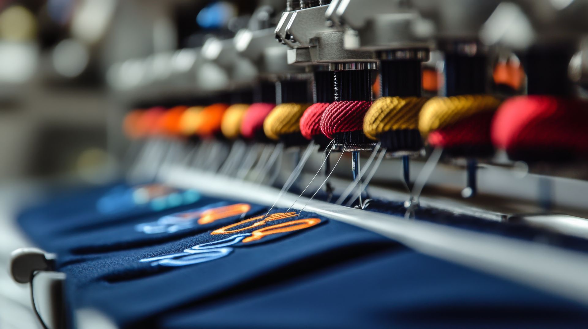 Industrial embroidery machine stitching blue shirts with colorful thread spools in a row