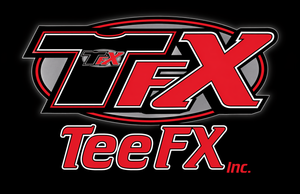 TeeFX logo in red and white on a black background