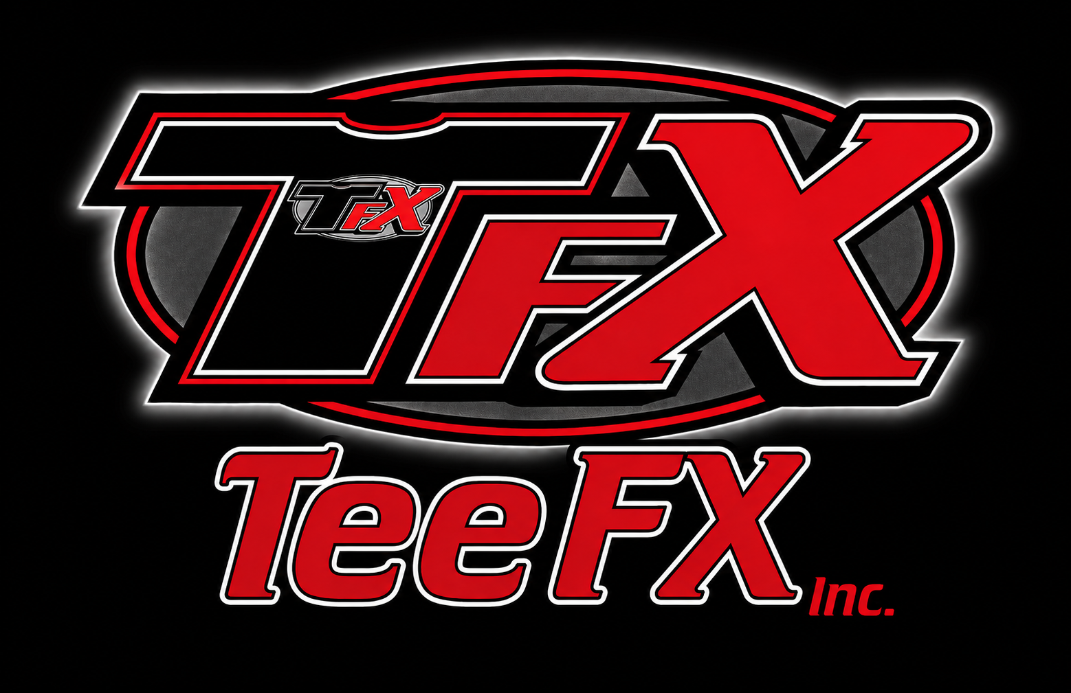TeeFX logo in bold red and black text on a black background