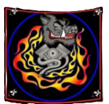 Gray dog head over flames and gears inside a red-and-black circular emblem on a black background