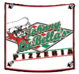 La Bella Pizzeria logo with chef hat and pizza illustration in green, red, and black