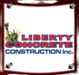 Liberty Concrete Construction Inc. logo in red, white, and blue with a white frame and corner accents