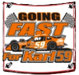“Going Fast for Karl59” logo with an orange race car and checkered flags on a white background