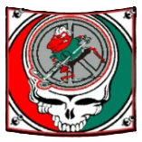 Skull emblem with a red Santa-like figure and a green motorcycle inside a red-and-gray circle