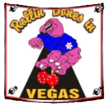 Pink bear dancers on a black banner with “Vegas” text and red dice accents.