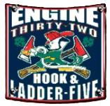 Fire department emblem with two crossed ladders, red helmet, and text “Engine Thirty Two Hook & Ladder Five”
