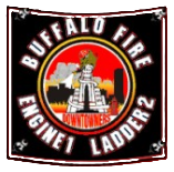 Buffalo Fire Engine 1 ladder truck emblem with red border, central fire truck, and “Buffalo Fire” text
