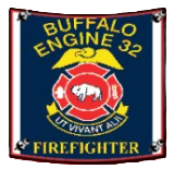 Buffalo Engine 32 firefighter patch with buffalo emblem on a blue background, reading “LIV LIVANT ALLE”