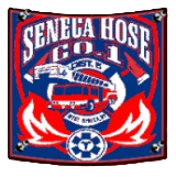 Seneca Hose Co. 1 fire company emblem in red, white, and blue with crossed axes and firefighter symbols