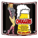 Chugger’s beer logo with a pin-up style woman beside a large frothy beer mug and yellow contact text