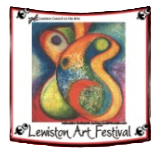 Colorful abstract artwork with two figure-like shapes and the text “Lewiston Art Festival”