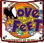 Colorful “Move Your Feet” poster with a dancing shoe and “University at Buffalo” text