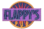 Logo for Flappy's Pub in purple and orange with a circular neon-style background