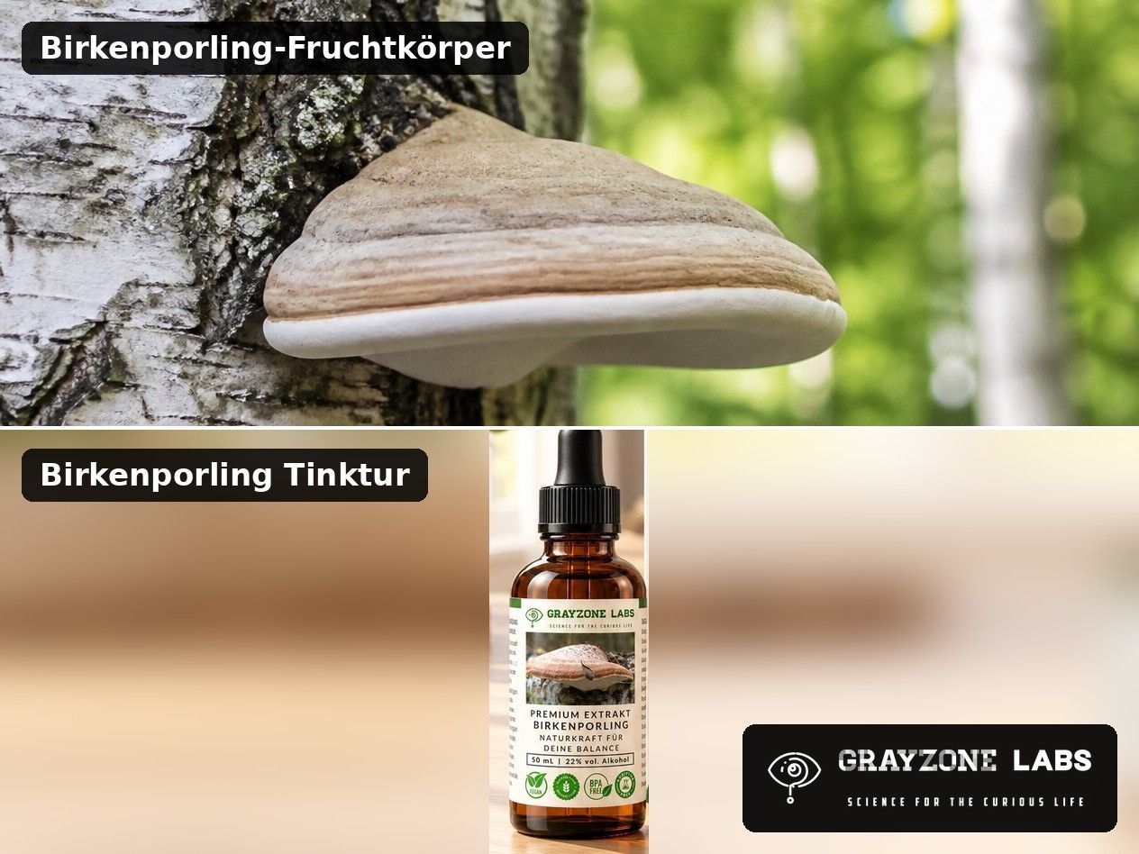 Birkenporling-Fruchtkörper am Birkenstamm oben, Birkenporling Tinktur in Braunglasflasche unten