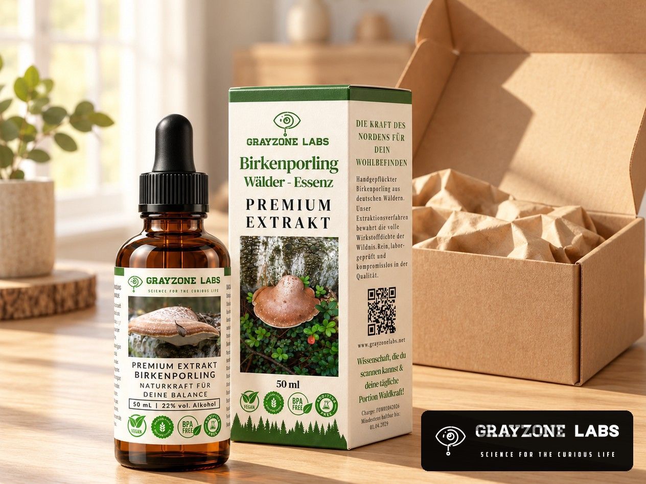 Birkenporling Tinktur 50 ml in Braunglas-Tropfflasche neben der Faltschachtel von GrayZone Labs