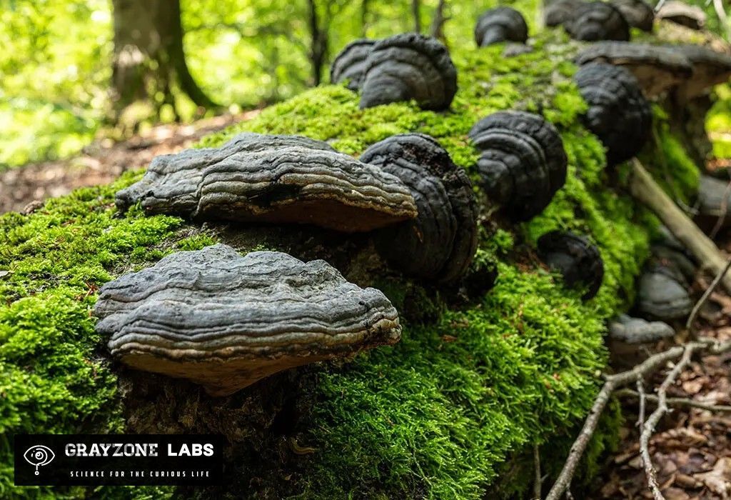 Mehrere Zunderschwämme (Fomes fomentarius) wachsen an einem bemoosten Baumstamm im Laubwald, GrayZone Labs