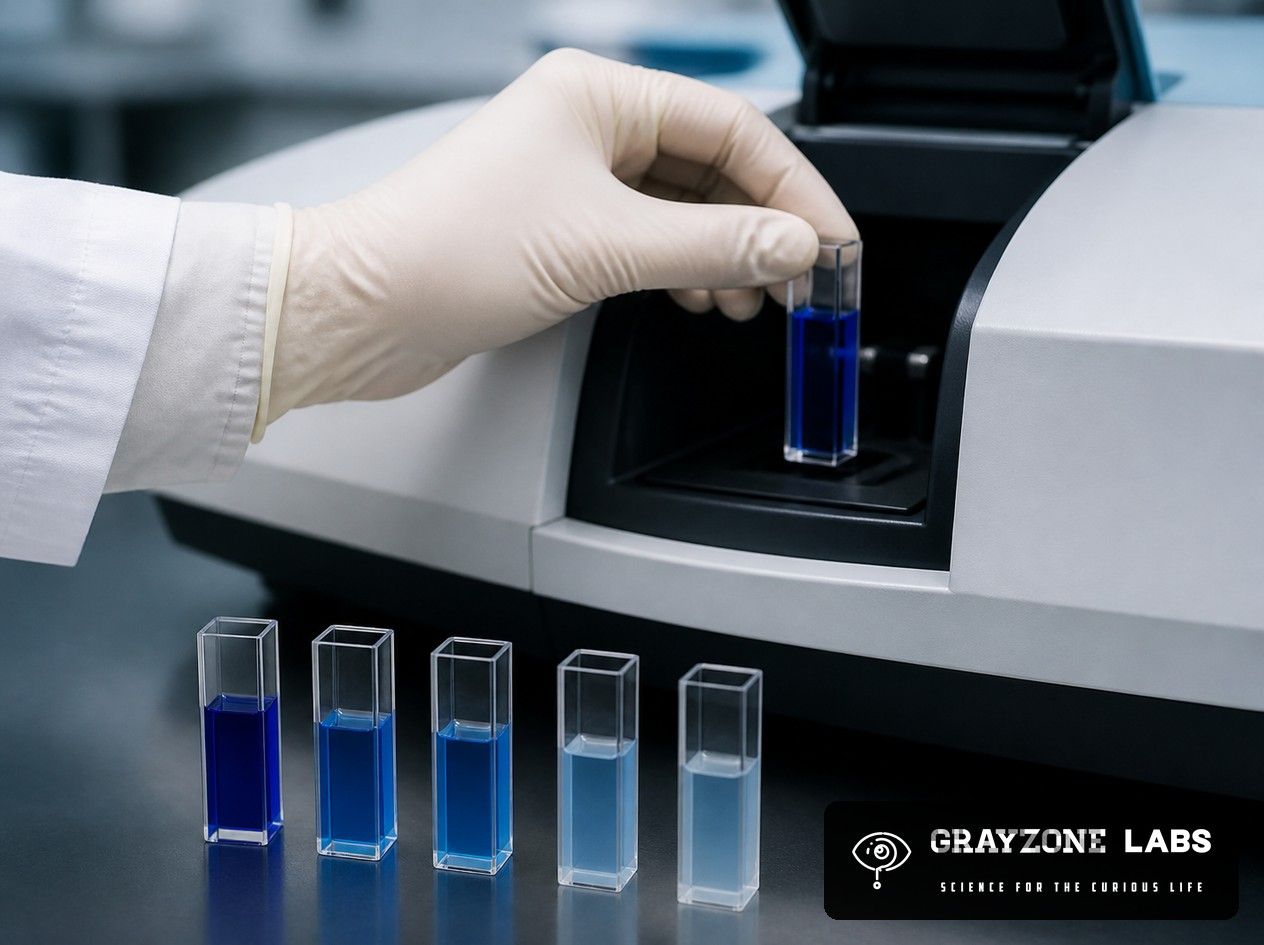 Küvettenreihe mit blauen Methylenblau-Lösungen und Spektralphotometer im Labor, GrayZone Labs