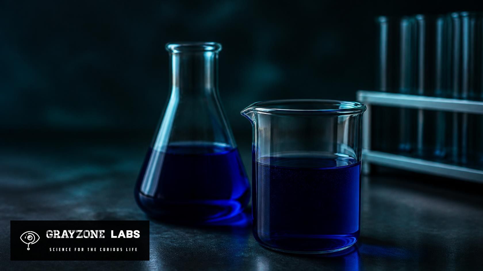 Laborglas mit tiefblauer Farblösung auf dunklem Labortisch