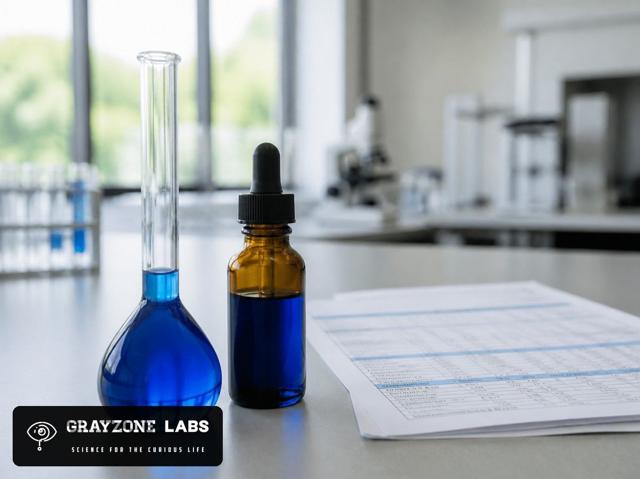 Messkolben mit blauer Methylenblau-Lösung, Braunglas-Tropfflasche und Prüfbericht auf dem Labortisch, GrayZone Labs